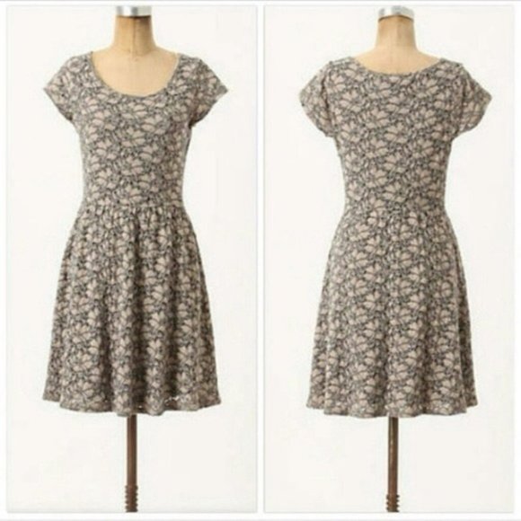 Deletta Anthro grey tan  floral eyelet Brushed Terra skater dress cap sleeve - Picture 1 of 16
